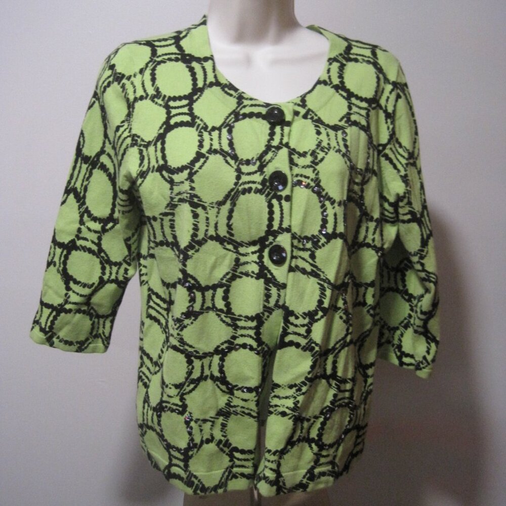 Designers Originals Sweater Womens Medium Lime Green & Black 3/4 Sleeve Cardigan